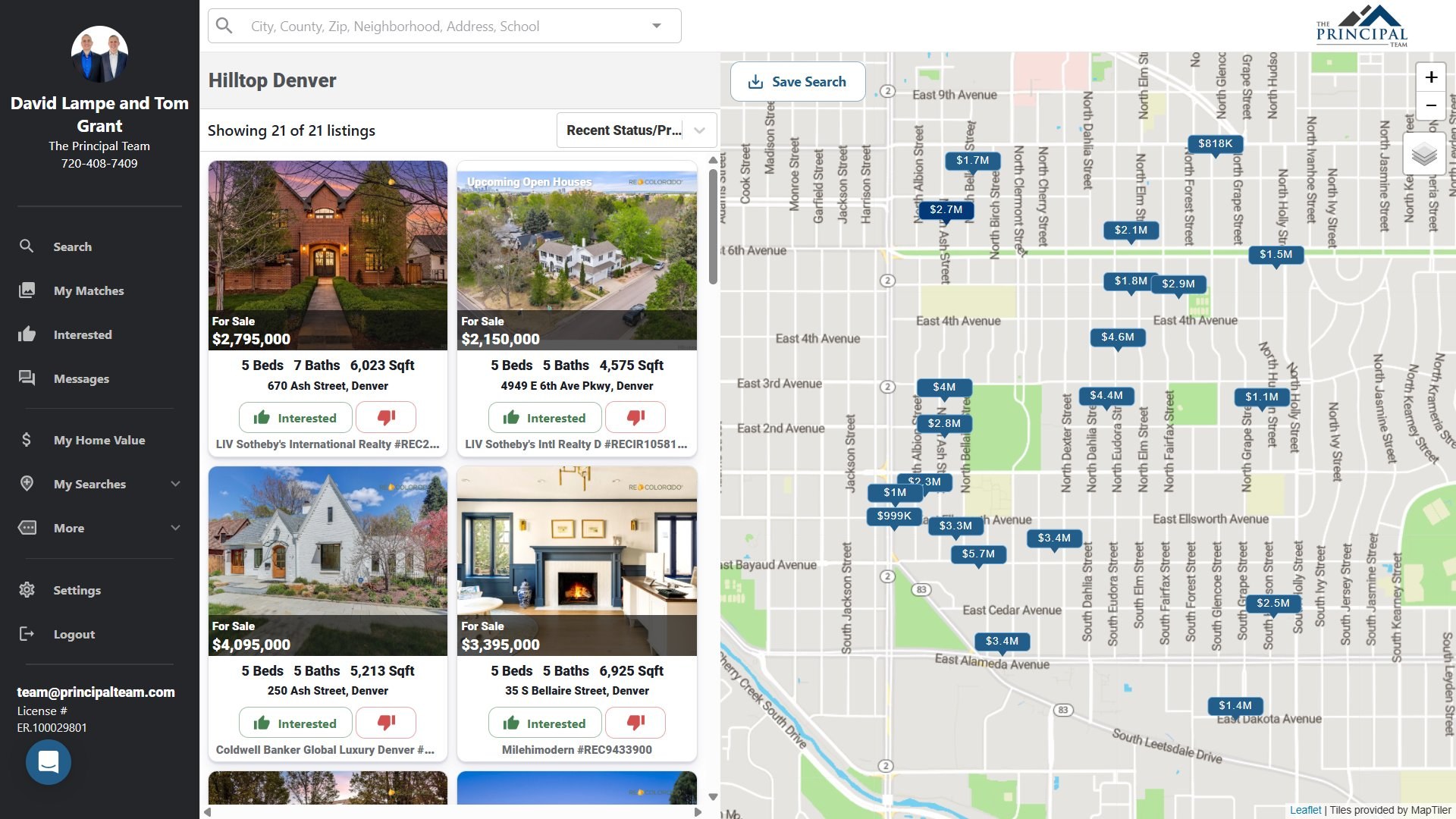 Live Hilltop home search interface showing 21 luxury homes for sale in Denver, Colorado, with map view and gallery of properties priced from $818K to $5.7M